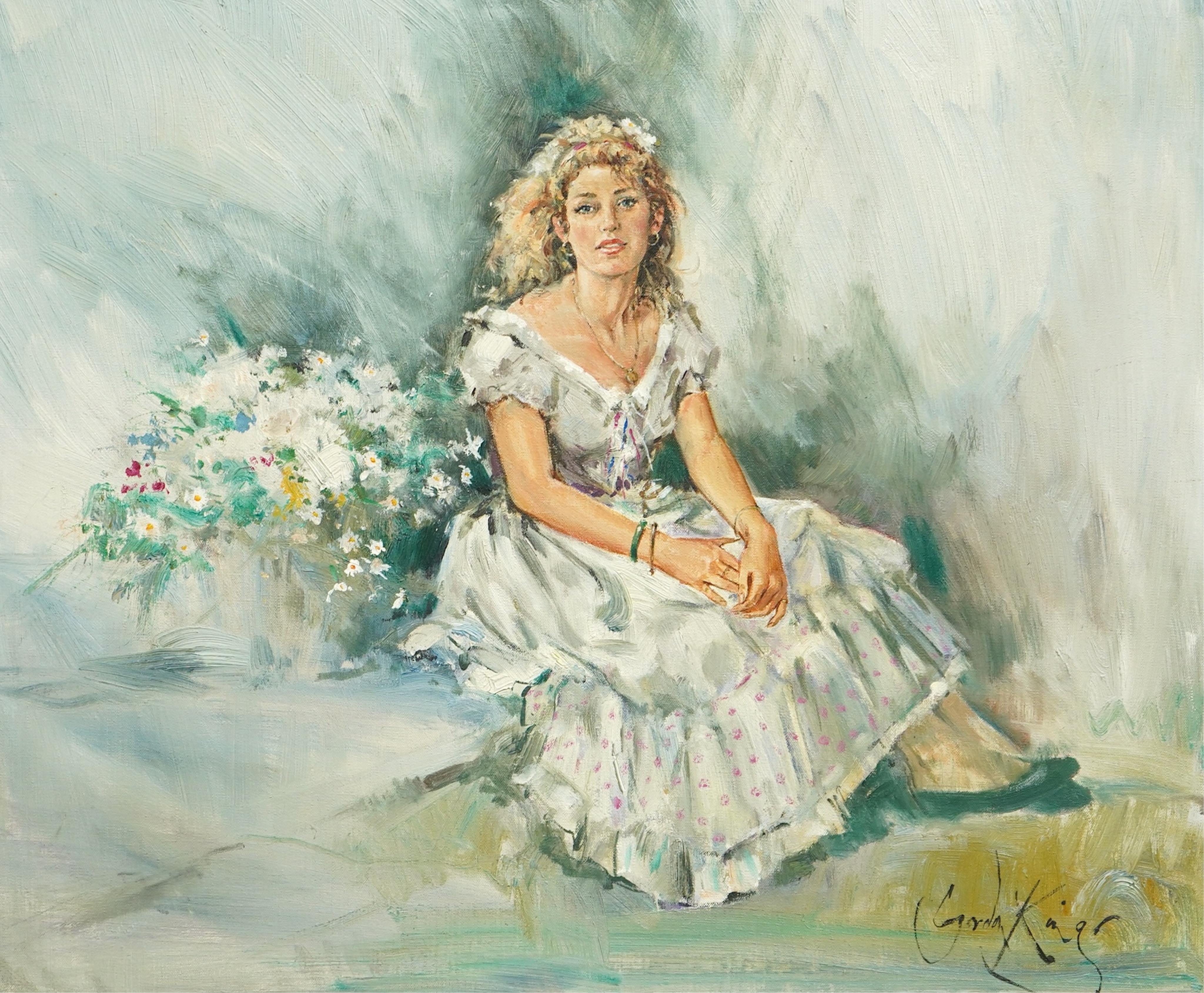 Gordon King (English, 1939-2022), Young woman seated in a white dress, oil on canvas, 49 x 59cm